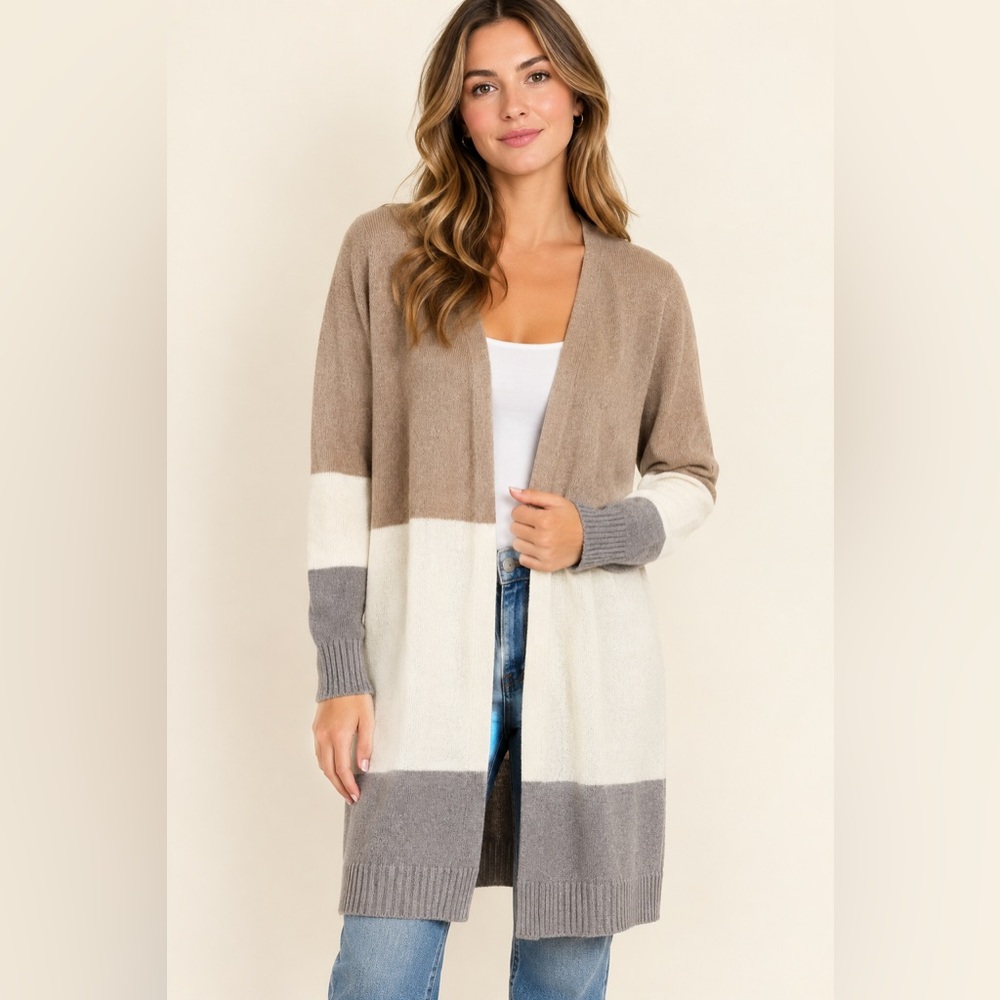 Doe & Rae Cashmere Blend Color Block Long OPEN front
Cardigan Sz L Neutral Boho